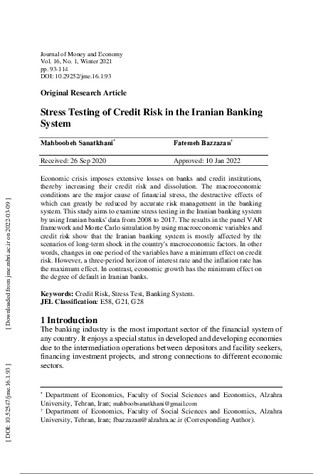 (PDF) Stress Testing of Credit Risk in Iran’s Banking System