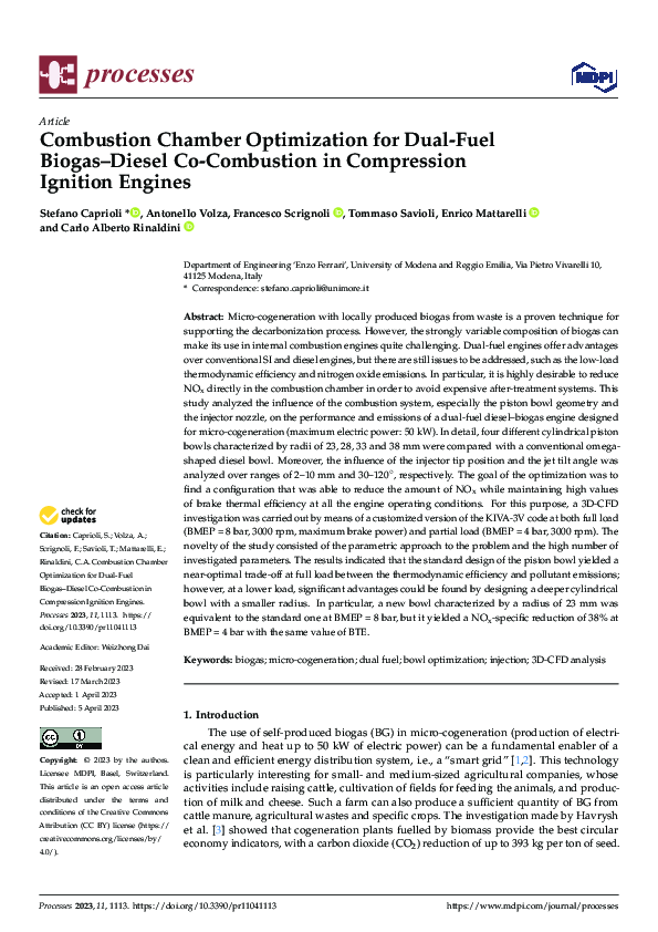 (PDF) Combustion Chamber Optimization for Dual-Fuel Biogas–Diesel Co ...