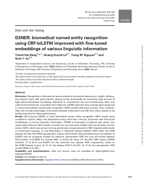 (PDF) D3NER: Biomedical named entity recognition using CRF-biLSTM ...