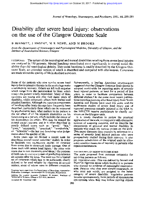 (PDF) Disability after severe head injury: observations on the use of ...
