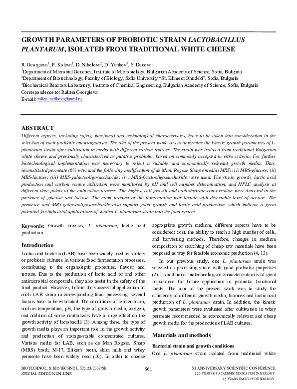 (PDF) Growth Parameters of Probiotic Strain Lactobacillus Plantarum ...