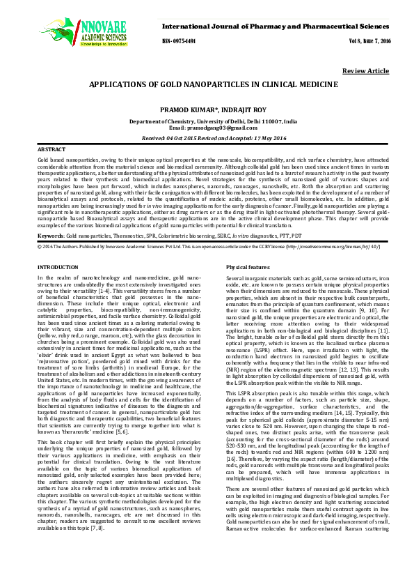 (PDF) APPLICATIONS OF GOLD NANOPARTICLES IN CLINICAL MEDICINE Review ...