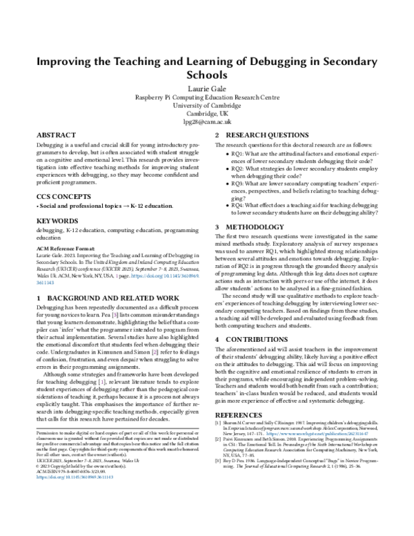 (PDF) Improving the Teaching and Learning of Debugging in Secondary Schools