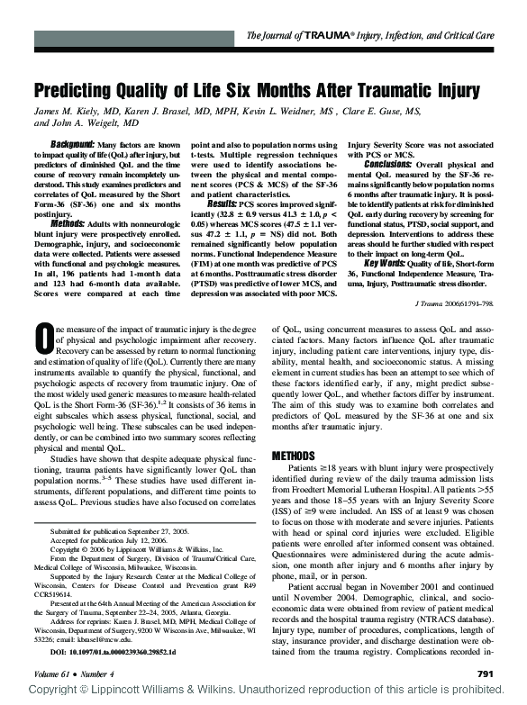 (PDF) Predicting quality of life six months after traumatic injury
