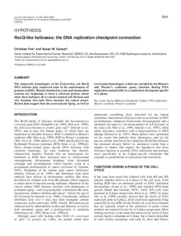 (PDF) RecQ-like helicases: the DNA replication checkpoint connection