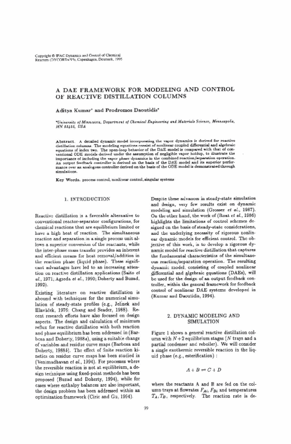(PDF) A Dae Framework for Modeling and Control of Reactive Distillation ...