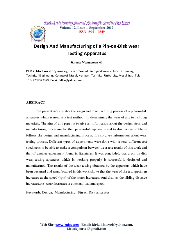(PDF) Design And Manufacturing of a Pin-on-Disk wear Testing Apparatus
