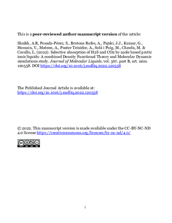 (PDF) Selective absorption of H2S and CO2 by azole based protic ionic ...