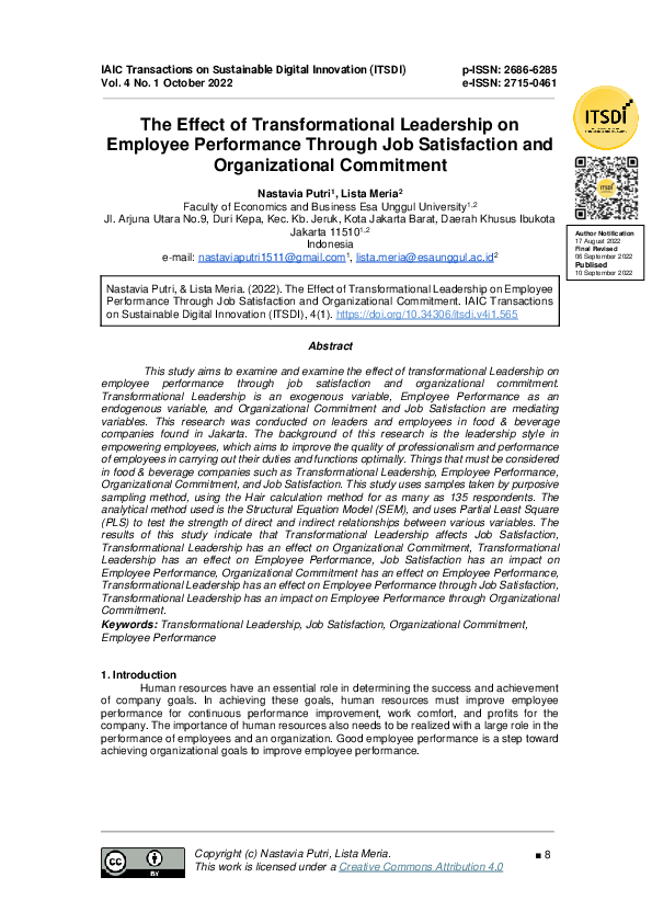 (PDF) The Effect of Transformational Leadership on Employee Performance ...