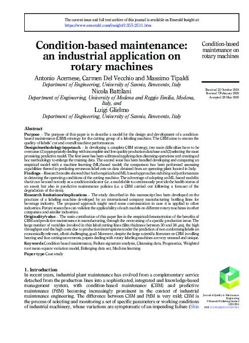 (PDF) Condition-based maintenance: an industrial application on rotary ...