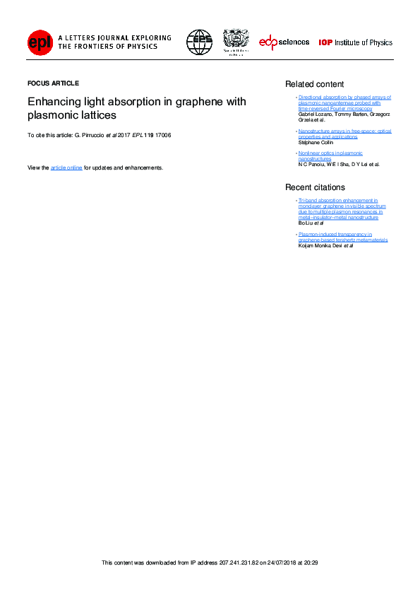 (PDF) Enhancing light absorption in graphene with plasmonic lattices