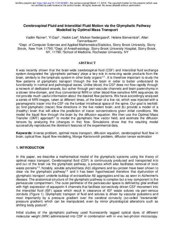 (PDF) Cerebrospinal Fluid and Interstitial Fluid Motion via the ...