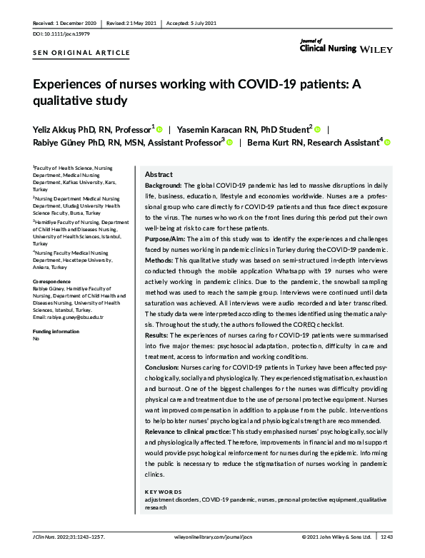 (PDF) Experiences of nurses working with COVID‐19 patients: A ...