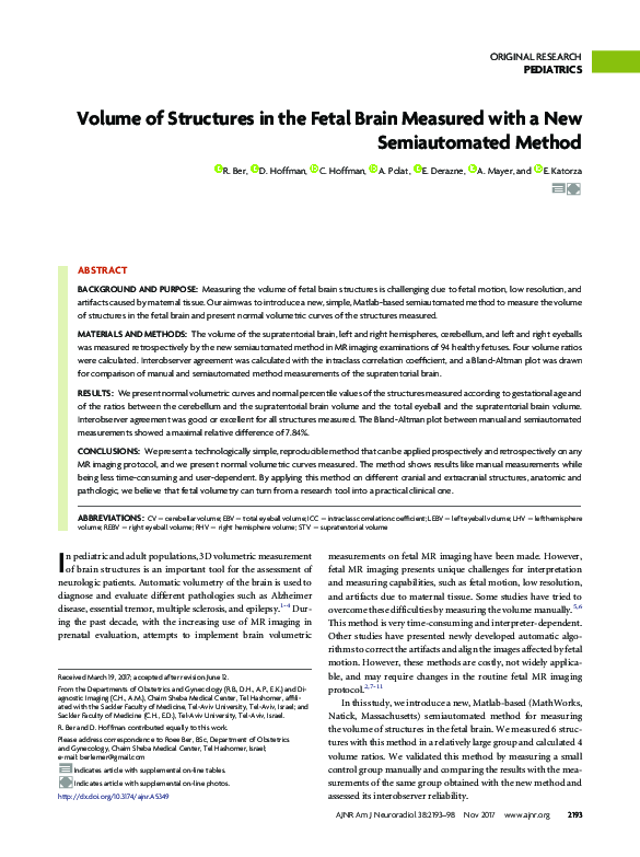 (PDF) Volume of Structures in the Fetal Brain Measured with a New ...