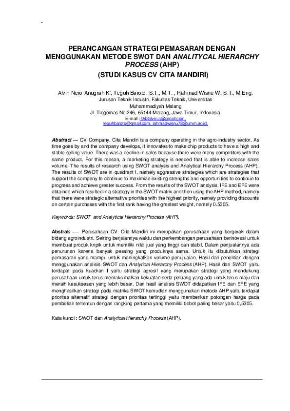 (PDF) PERANCANGAN STRATEGI PEMASARAN DENGAN MENGGUNAKAN METODE SWOT DAN ...