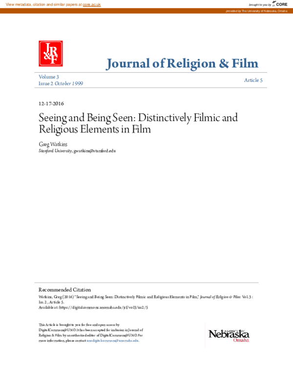 (PDF) Seeing and Being Seen: Distinctively Filmic and Religious ...