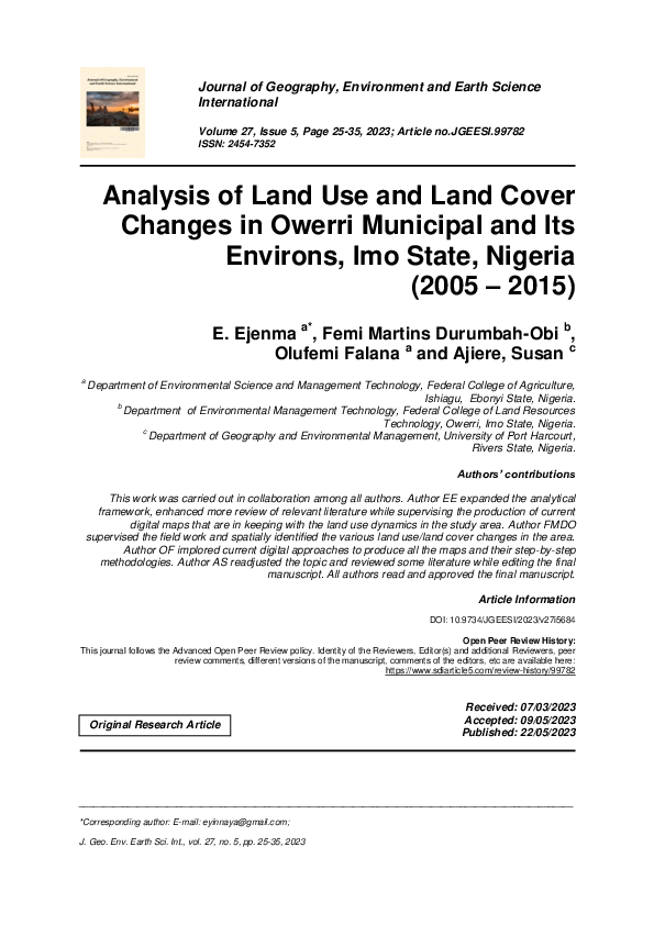 (PDF) Analysis of Land Use and Land Cover Changes in Owerri Municipal ...