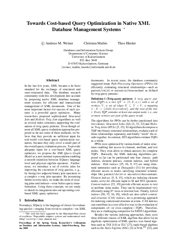 (PDF) A Framework for Cost-Based Query Optimization in Native XML ...