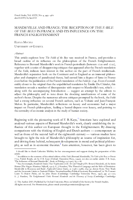 (PDF) Mandeville and France: The Reception of The Fable of the Bees in ...