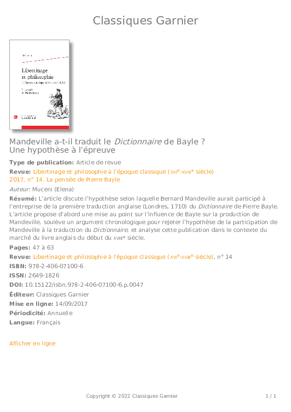 (PDF) Mandeville a-t-il traduit le Dictionnaire de Bayle ? - Une ...
