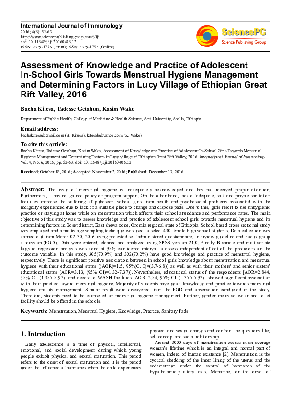 (PDF) Assessment of Knowledge and Practice of Adolescent In-School ...