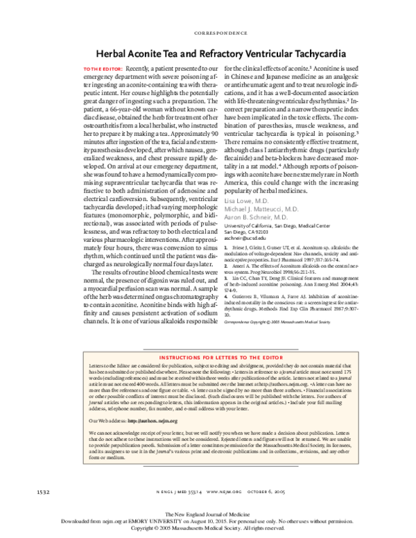 (PDF) Herbal Aconite Tea and Refractory Ventricular Tachycardia