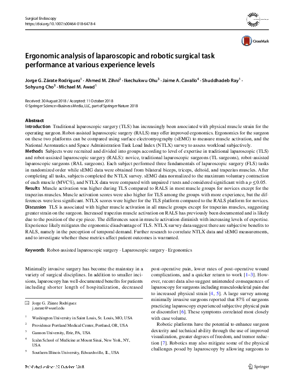 (PDF) Ergonomic analysis of laparoscopic and robotic surgical task ...