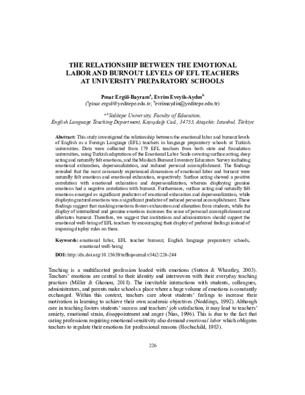 (PDF) The Relationship Between the Emotional Labor and Burnout Levels ...