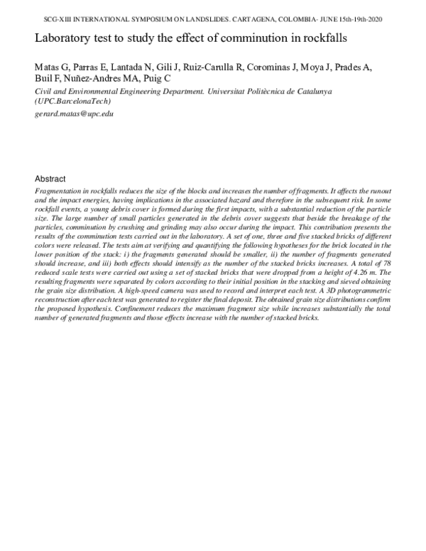 (PDF) Laboratory test to study the effect of comminution in rockfalls