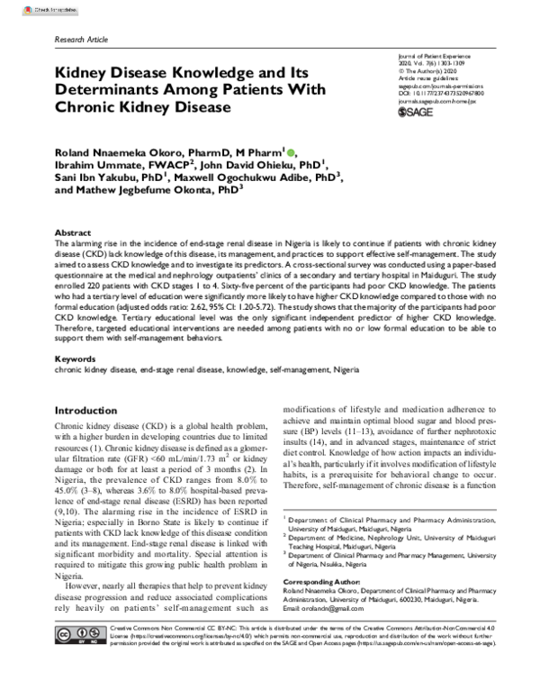 (PDF) Kidney Disease Knowledge and Its Determinants Among Patients With ...