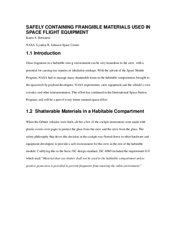 (PDF) Safely Containing Frangible Materials used in Space Flight Equipment