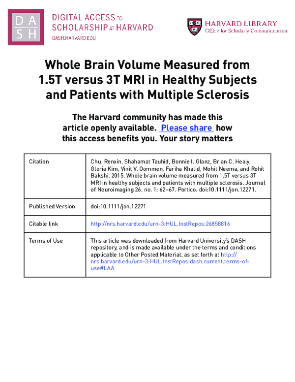 (PDF) Whole Brain Volume Measured from 1.5T versus 3T MRI in Healthy ...