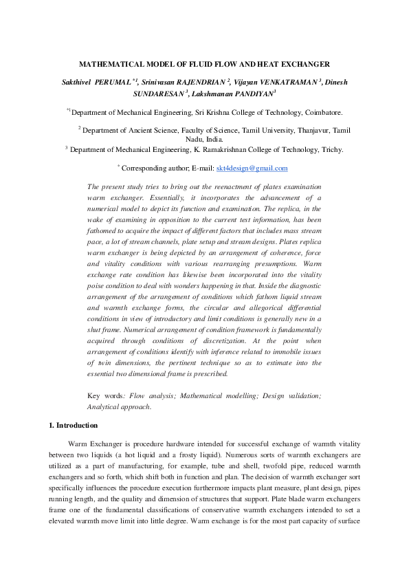 (PDF) Mathematical model of fluid flow and heat exchanger
