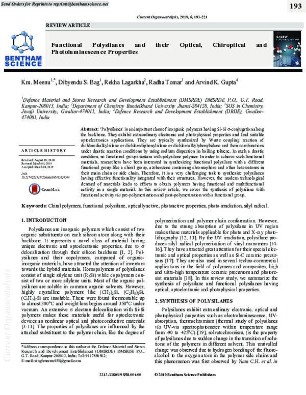 (PDF) Functional Polysilanes and their Optical, Chiroptical and ...