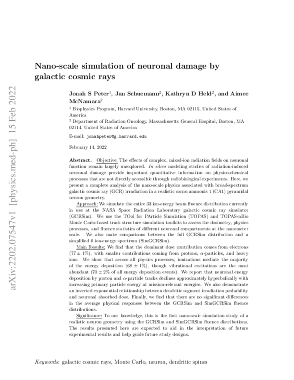 (PDF) Nano-scale simulation of neuronal damage by galactic cosmic rays