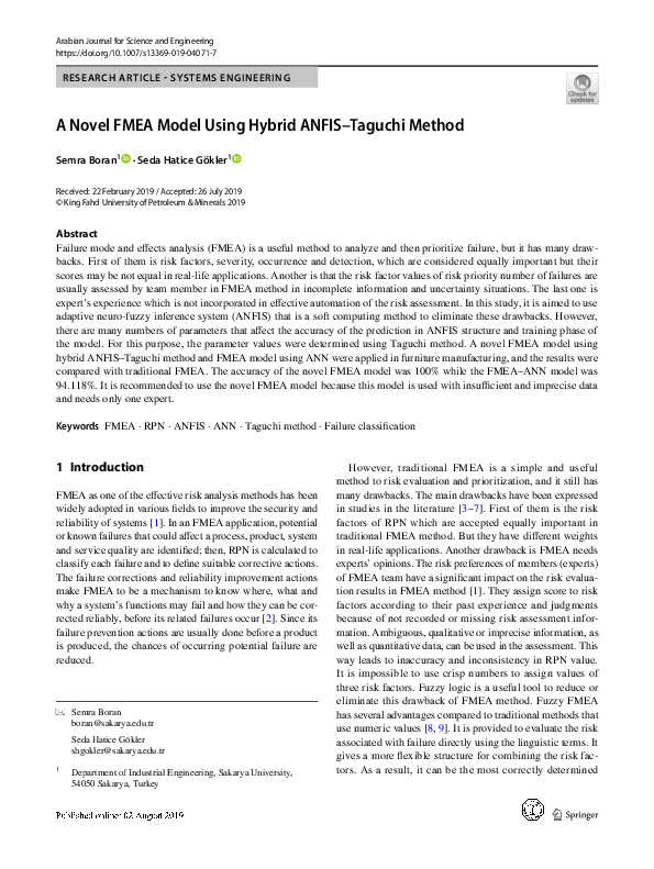 (PDF) A Novel FMEA Model Using Hybrid ANFIS–Taguchi Method