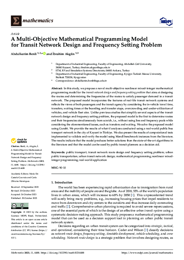 (PDF) A Multi-Objective Mathematical Programming Model for Transit ...