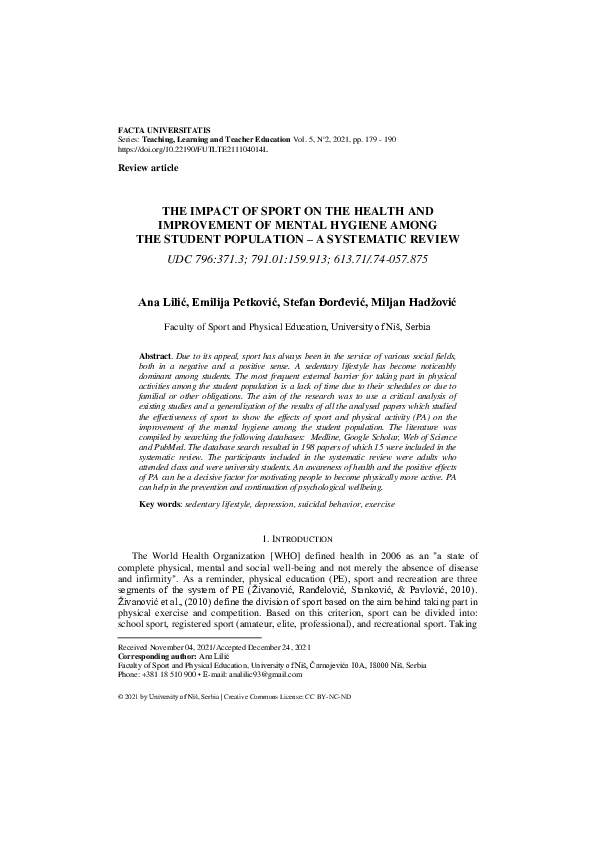 (PDF) The Impact of Sport on the Health and Improvement of Mental ...