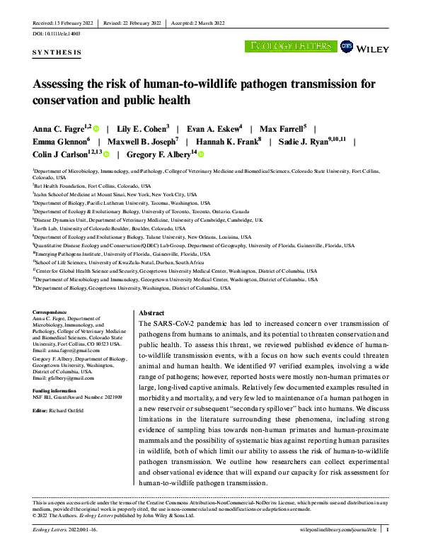 (PDF) Assessing the risk of human‐to‐wildlife pathogen transmission for ...