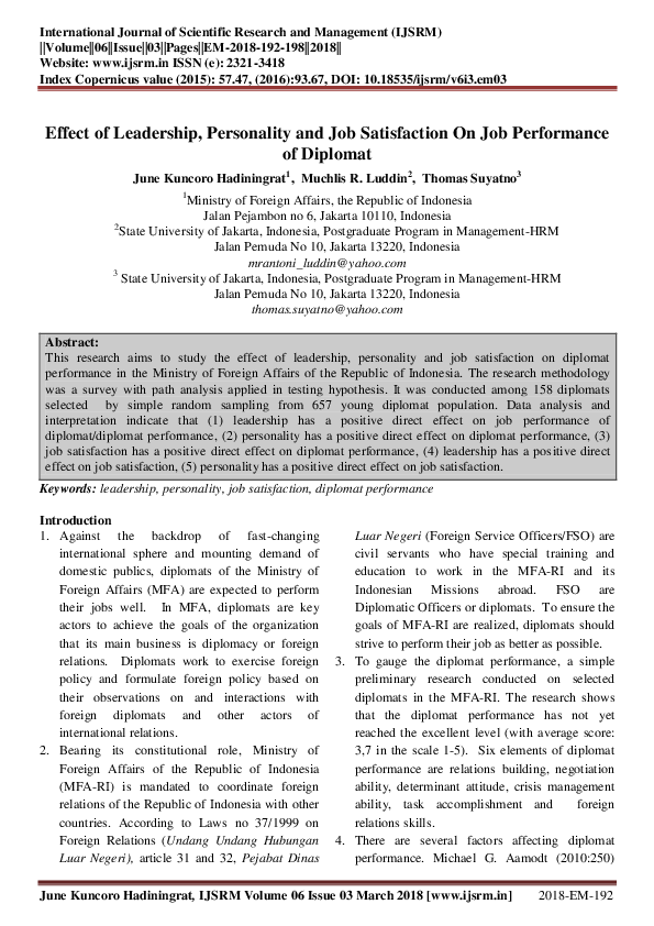 (PDF) Effect of Leadership, Personality and Job Satisfaction On Job ...