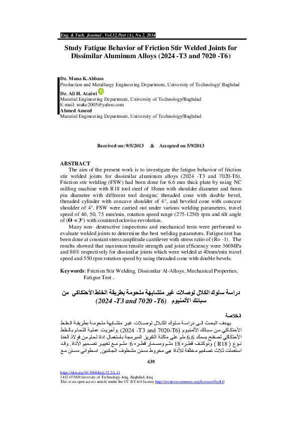 (PDF) Study Fatigue Behavior of Friction Stir Welded Joints for ...