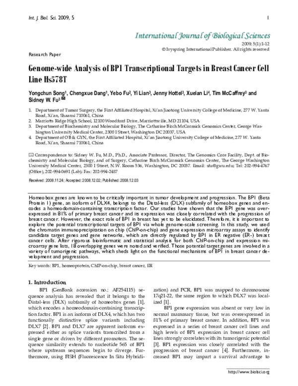 (PDF) Genome-wide Analysis of BP1 Transcriptional Targets in Breast ...