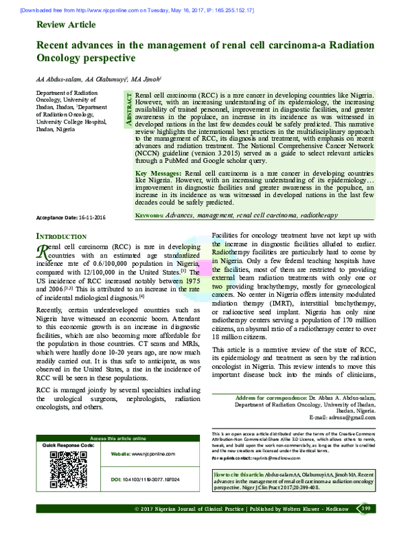 (PDF) Recent advances in the management of renal cell carcinoma-a ...