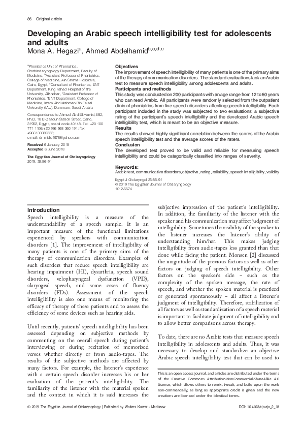 (PDF) Developing an Arabic speech intelligibility test for adolescents ...