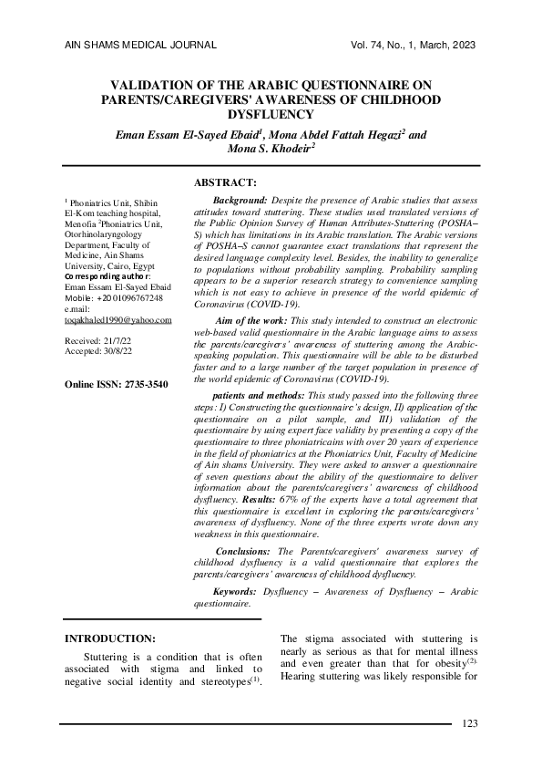 (PDF) Validation of the Arabic Questionnaire on Parents/Caregivers ...