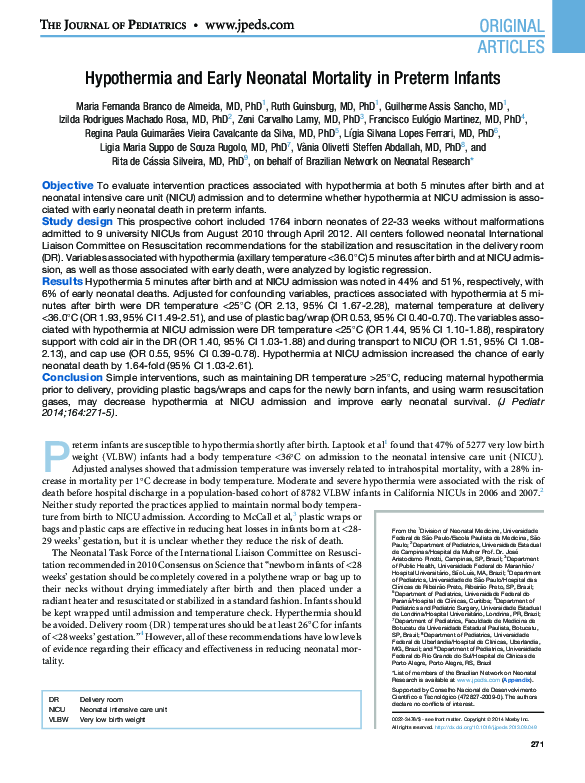 (PDF) Hypothermia and Early Neonatal Mortality in Preterm Infants