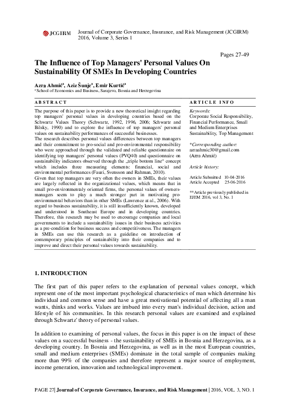 (PDF) The Influence of Top Managers' Personal Values On Sustainability ...