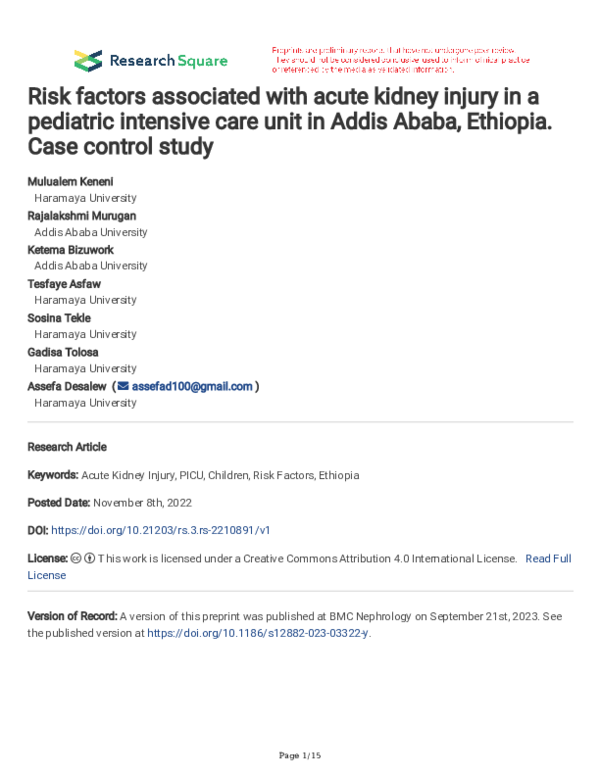 (PDF) Risk factors associated with acute kidney injury in a pediatric ...