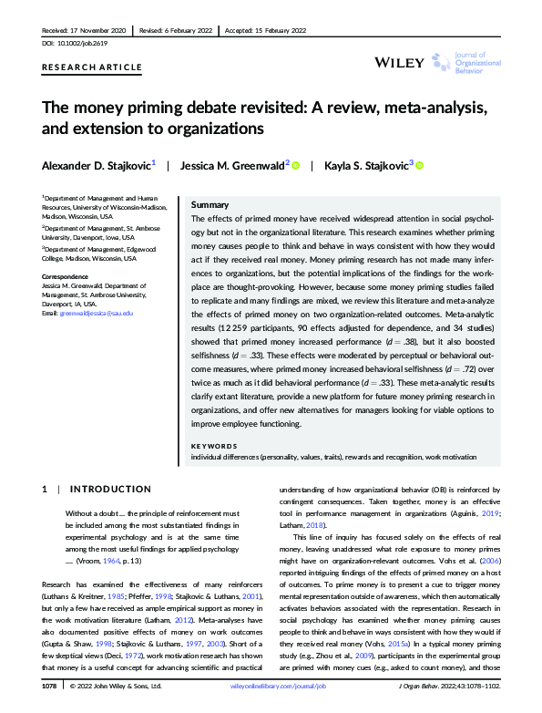 (PDF) The money priming debate revisited: A review, meta-analysis, and ...