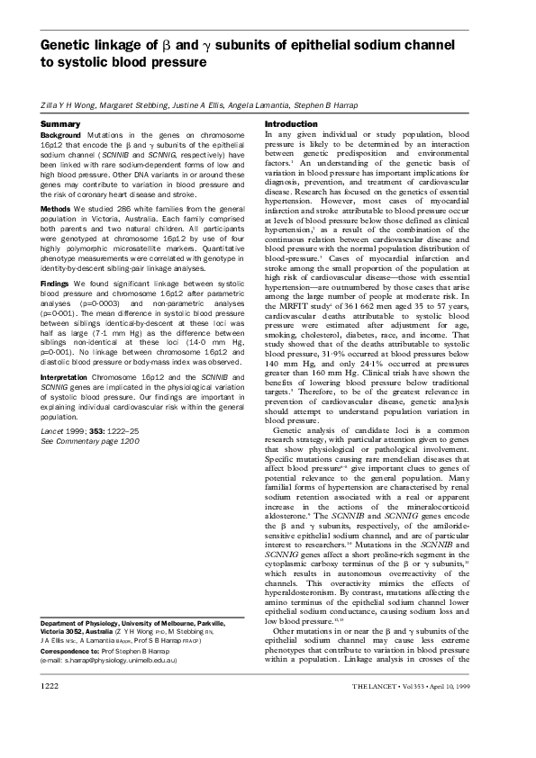 (PDF) Genetic linkage of β and γ subunits of epithelial sodium channel ...